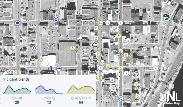 Crime Map for downtown Thunder Bay South - Aug 2 2016