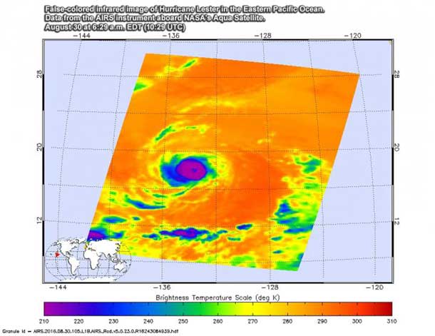 This false-colored infrared image of Hurricane Lester from the AIRS instrument aboard NASA's Aqua satellite shows powerful storms with cold cloud top temperatures (purple) surrounding the eye on Aug. 30 at 6:29 a.m. EDT (10:29 UTC).