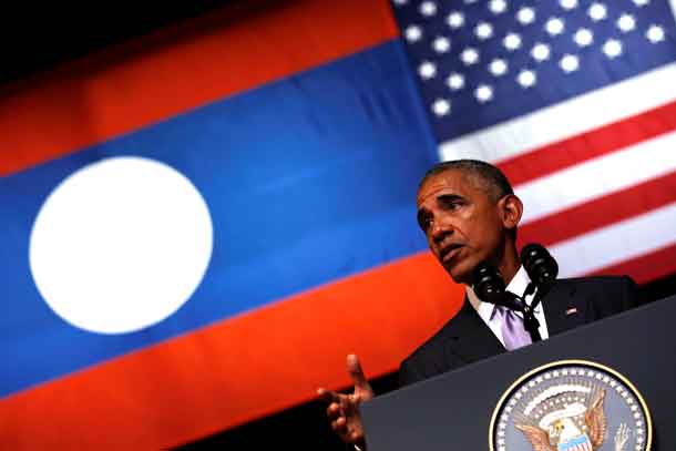 U.S. President Barack Obama delivers an address at the Lao National Cultural Hall, on the sidelines of the ASEAN Summit, in Vientiane, Laos September 6, 2016. REUTERS/Jonathan Ernst