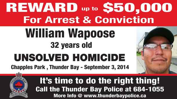 $50,000 Reward Offered for Information leading to the conviction of those responsible for the death of William Wapoose