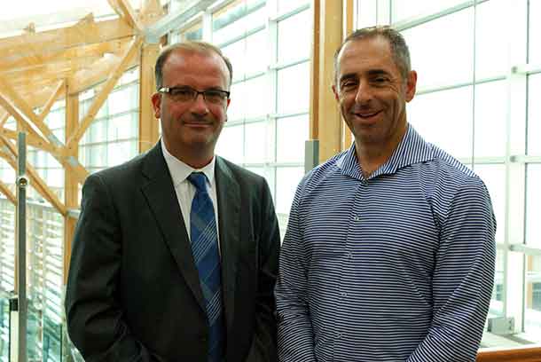 Tom Mihaljevic (left), Director, Business Development at Freedom 55 Financial and Board Director, Thunder Bay Regional Health Sciences Foundation, and Michael Rigato (right), Vice-President and Chief Distribution Officer, Wealth & Estate Planning Group, London Life, visited the Health Sciences Centre to celebrate the long-standing support from Great-West Life, London Life and Canada Life.