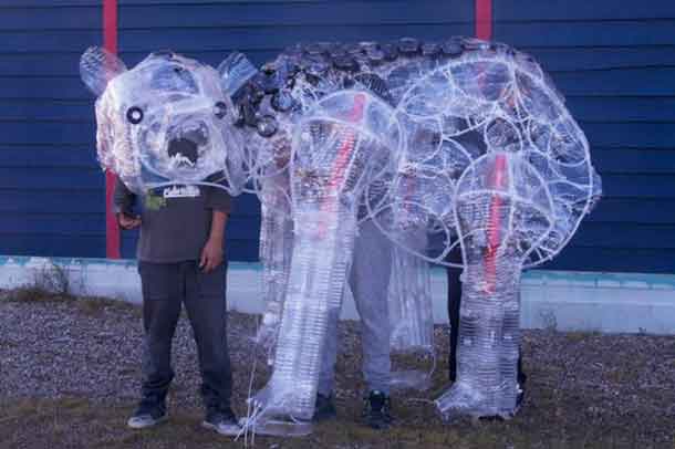 Marten Falls (Ogoki Post) youths created a bear puppet out of water bottles for their multi-arts telling of their traditional bear story.
