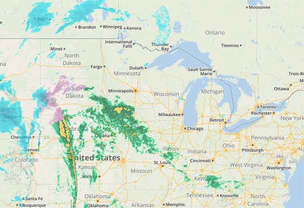 Weather Radar Map for Winter Storm tracking toward Northwestern Ontario.