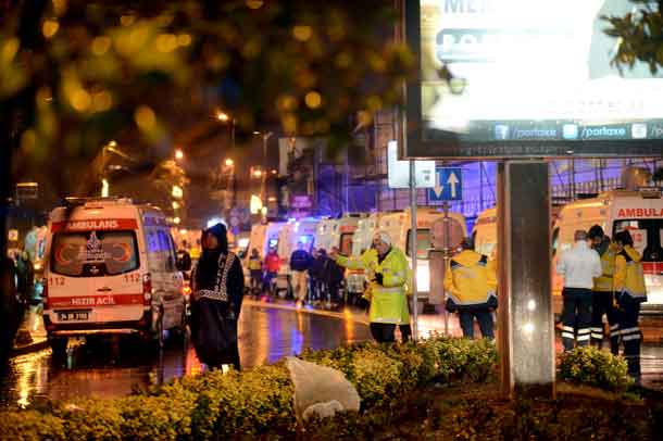 Ambulances line up on a road leading to a nightclub where a gun attack took place during a New Year party in Istanbul, Turkey, January 1, 2017. Ismail Coskun/Ihlas News Agency via REUTERS
