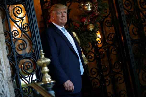 U.S. President-elect Donald Trump speaks briefly to reporters between meetings at the Mar-a-lago Club in Palm Beach, Florida, U.S. December 28, 2016. REUTERS/Jonathan Ernst