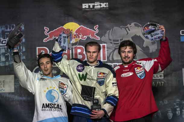 Joni Saarinen of Finland celebrates with Martin Barrau of France and Vaclav Kosnar of the Czech Republic during the Award Ceremony for the Juniors Championship at the first stage of the ATSX Ice Cross Downhill World Championship at the Red Bull Crashed Ice in Marseille, France on January 13, 2017. // Joerg Mitter / Red Bull Content Pool 