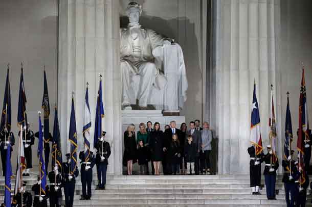 U.S. President-elect Donald Trump stands with family members at the "Make America Great Again! Welcome Celebration" at the Lincoln Memorial in Washington, U.S., January 19, 2017.  REUTERS/Mike Segar