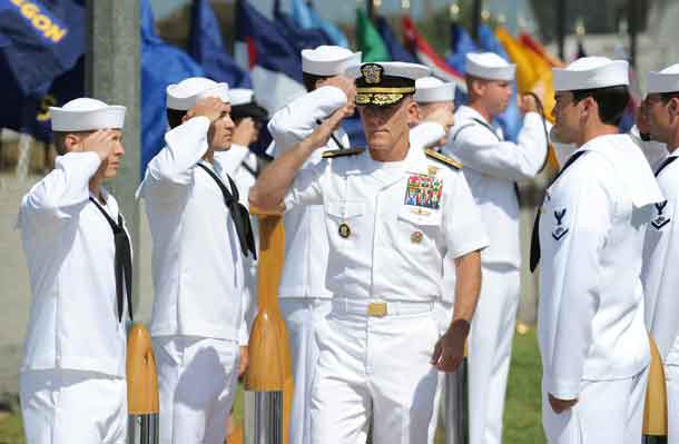 Vice Admiral Robert S. Harward, commander of Combined Joint Task Force 435, salutes during a SEAL Team 5 change of command ceremony in San Diego, California July 11, 2011. Picture taken July 11, 2011. Photo courtesy of Petty Officer 2nd Class Marc Rockwell-Pate/U.S. Navy/Handout via REUTERS