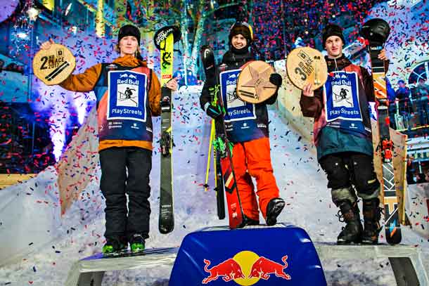 (L to R) Andri Ragettli of Switzerland, Jesper Tjader of Sweden and Lukas Mullauer of Austria celebrate at the Red Bull Playstreets in Bad Gastein, Austria on February 24, 2017 // Samo Vidic/Red Bull Content Pool