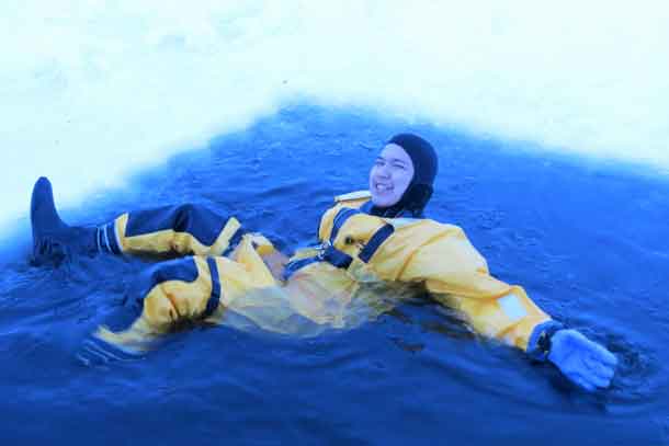 Ranger Harry McKay of Sachigo Lake wears an immersion suit during ice rescue training.