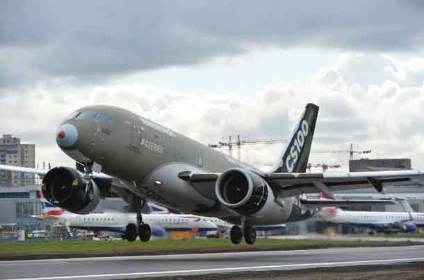 Bombardier CS100 Taking off in London