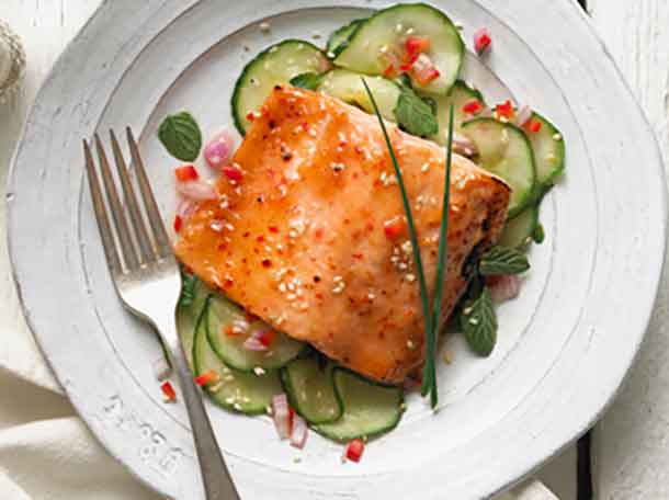 Maple Miso Glazed Trout with Sesame and cucumbers