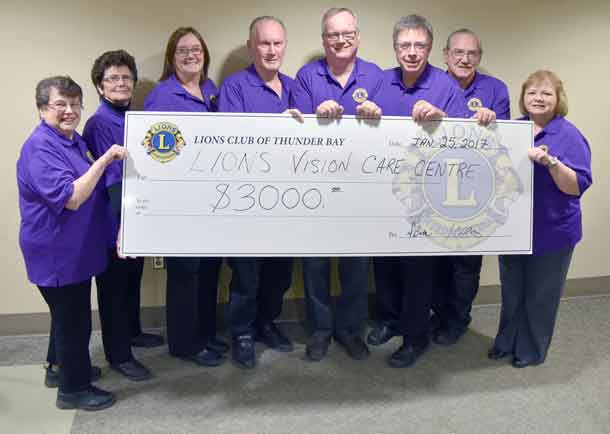 Pictured above, from the Lions Club of Thunder Bay, presenting a gift of $3,000 to purchase a new Retinal Imaging Camera at the Lions Vision Care Centre are (left to right): Barb Story, Gloria Potocnik, Diane Buta, Peter Story, Steve Smith, Dr. Blair Schoales, Jim Ramsbottom and Vicki Gagne-Smith.