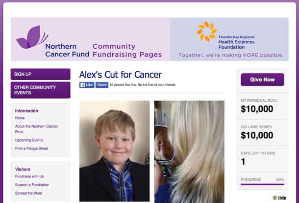 Alex Haapa-aho raised $10,665 for the Northern Cancer Fund after growing his hair for about 1.5 years. He got it shaved off on his 9th birthday on October 28, 2016, and recently returned to the Cancer Centre to place a plaque, bearing the names of his grandfathers, in memory of whom he started this project