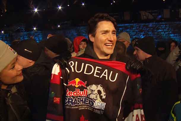 Canadian Prime Minister Justin Trudeau visits the eighth stage of the ATSX Ice Cross Downhill World Championship at the Red Bull Crashed Ice in Ottawa, Canada on March 4, 2017. // Armin Walcher / Red Bull Content Pool //