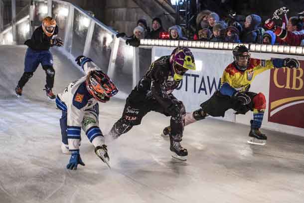 Mirko Lahti of Finland, Joni Saarinen of Finland, Samuel Nadeau of Canada and Petar Sevo of the Netherlands compete during the final of the Juniors Championship at the fourth stage of the ATSX Ice Cross Downhill World Championship at the Red Bull Crashed Ice in Ottawa, Canada on March 03, 2017. // Joerg Mitter / Red Bull Content Pool
