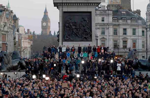 People attend a vigil in Trafalgar Square the day after an attack, in London, Britain March 23, 2017. REUTERS/Stefan Wermuth