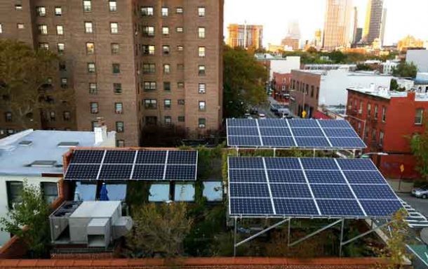 Solar panels on the rooftop of a building in Brooklyn are connected to startup LO3 Energy’s TransActive Grid in this undated picture. Photo courtesy of LO3 Energy/Handout via Thomson Reuters Foundation