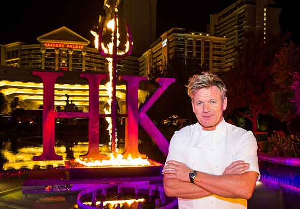 Gordon Ramsay and the Hell's Kitchen pitchfork in the fountain at Caesar's Palace in Las Vegas