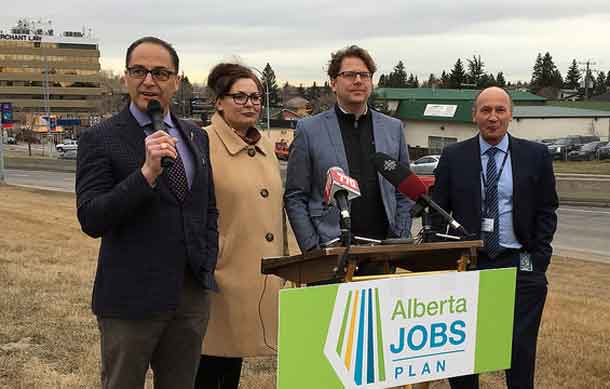 Finance Minister Joe Ceci is joined by the Executive Director of International Avenue Business Revitalization Zone Alison Karim-McSwiney and City of Calgary councillors Gian-Carlo Carra and Andre Chabot