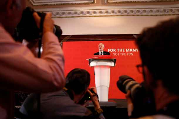 Jeremy Corbyn, the leader of Britain's opposition Labour party, makes a speech as his party restarts its election campaign after the cross party suspension that followed the Manchester Arena attack, in London, May 26, 2017. REUTERS/Peter Nicholls