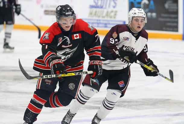 TRENTON, ON  - MAY 2,  2017: Canadian Junior Hockey League, Central Canadian Jr. "A" Championship. The Dudley Hewitt Cup. Game 1 between Dryden GM Ice Dogs and the Georgetown Raiders.    (Photo by Alex D'Addese / OJHL Images)