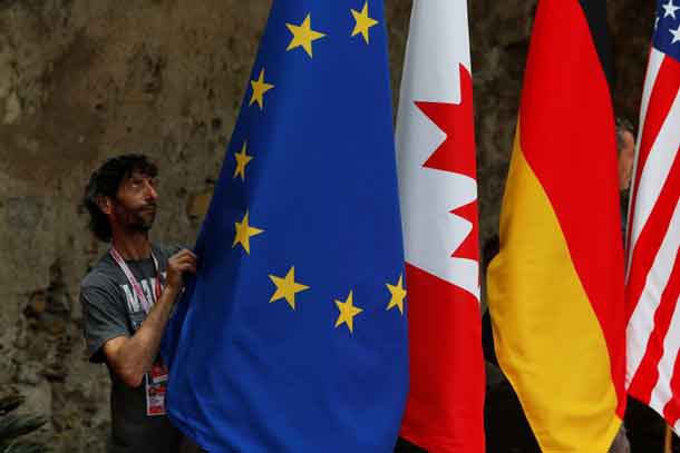 Flags are placed at the G7 summit in Taormina, Italy, May 26, 2017.   REUTERS/Darrin Zammit-Lupi