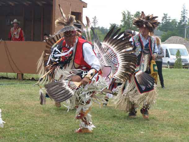 photo by Xavier Kataquapit  MALE DANCERS IN TRADITIONAL REGALIA performed at the 7th Annual Mattagami FN Pow Wow. Pictured left is Charlie Kioke, of Attawapiskat First Nation and on the right is Ontario Regional Chief Isadore Day, Chiefs Of Ontario. 