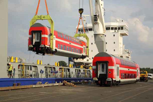 BOMBARDIER TWINDEXX Vario double-deck coaches for Israel Railways at Bremen harbour Photo credits: Jürgen Hörstel