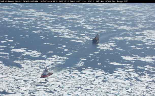 CCGS Terry Fox in Baffin Bay on July 20, 2017, escorting M/V TAœGA DESGAGN…S. Photo credit: Marine Aerial Reconnaissance Team (Central & Arctic), Canadian Ice Service, Environment and Climate Change Canada (ECCC)