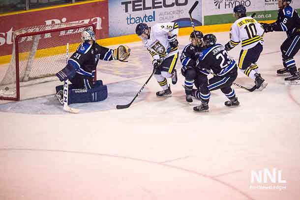 Thunderwolves #10 Daniel Del Paggio scores to give the Wolves a 1-0 lead over the Ontario Tech Ridgebacks