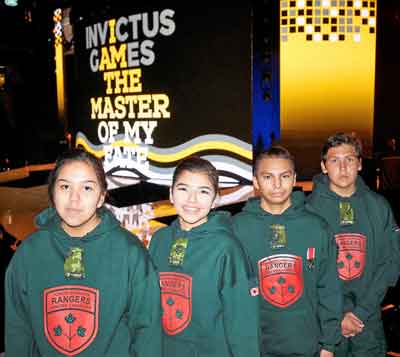 Four Junior Canadian Rangers who participated in the opening ceremony were, from left, Selena Gray, Kristin Ningewance, Bryon Mekanak, and Reilly Thivierge.