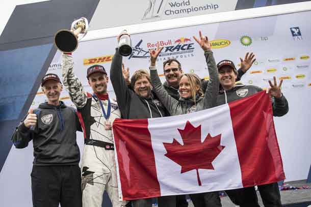 Pete McLeod of Canada celebrates with his team during the World Championship Award Ceremony at the eighth round of the Red Bull Air Race World Championship at Indianapolis Motor Speedway, United States on October 15, 2017. // Joerg Mitter / Red Bull Content Pool