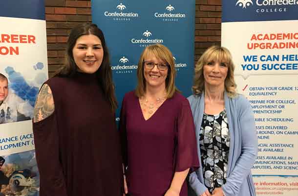 200 Academic Upgrading students were recognized during Learner Recognition Day. Manager of Academic Upgrading Carol Cline (centre) is joined by students Sarah Staver (left) and Gail Hamilton, both recognized at the ceremony.
