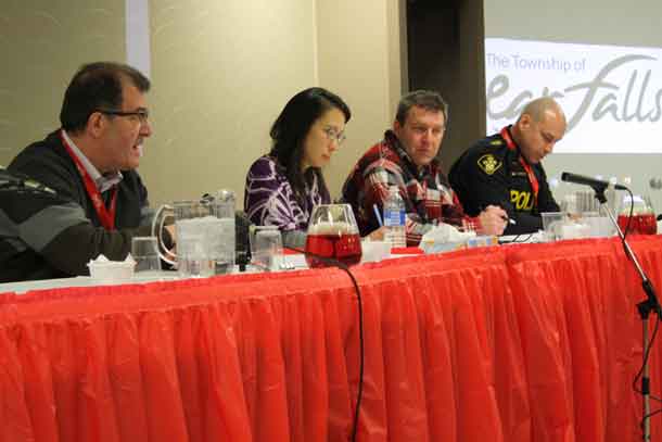 Bob Nault, Kenora MP, ​Dr. Kit Young Hoon, medical officer of health for the Northwestern Health Unit, Sean Monteith, director of education for the Keewatin-Patricia District School Board, and Matt Norlock, acting Staff Sargent with the OPP detachment in Red Lake, during Saturday morning's cannabis legislation Q & A.