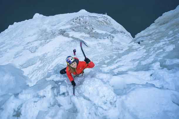 Sasha DiGiulian leads the Bridal Veil climb the Upper Peninsula of Michigan, USA, on 18 January, 2018. // Andy Mann / Red Bull Content Pool //
