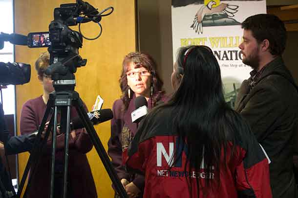 Dean Angelique Eaglewoman speaks with media following press conference at Fort William First Nation