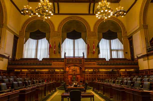Interior of Queen's Park legislative buildings. Designed by architect Richard A. Waite; its construction begun in 1886 and it was opened in 1893.