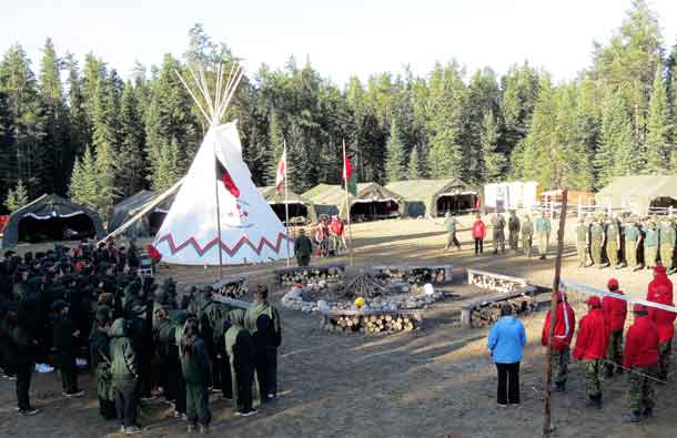 Junior Canadian Rangers, Canadian Rangers, and military support staff gather for Camp Loon's opening ceremony.