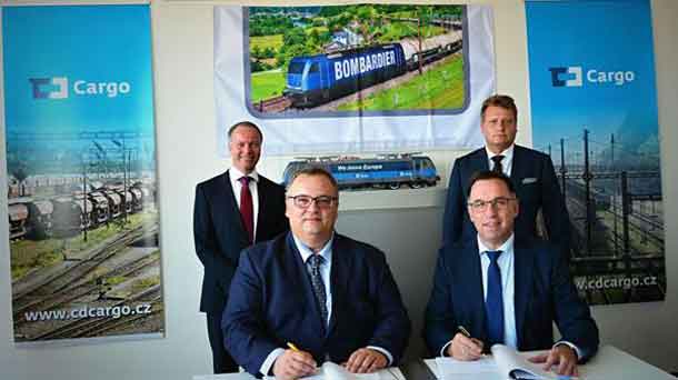 Contract signing with CD Cargo and Bombardier Transportation: (front l-r) Ivan Bednárik, Chairman of the Board of Directors, CD Cargo and Michael Fohrer, President, Region Central & Eastern Europe, Russia, Israel, CIS and China, Bombardier Transportation. (rear l-r) Peter Ammann, Head of Global Ecosystem Freight Corridors at Bombardier Transportation and Pavel Krtek, Chairman of the Supervisory Board, CD Cargo. Photo courtesy CD Cargo