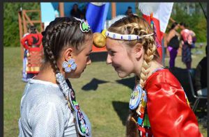Jingle Dress Dancers from Mattagami FN taking part in a Pow Wow contest at the Eighth Annual Mattagami FN Pow Wow are L-R: Calee Boissoneau Hunter and Tessa Thomas.