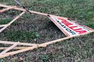 Election sign vandalism on North Cumberland Street as someone has knocked down a Pullia for Mayor sign