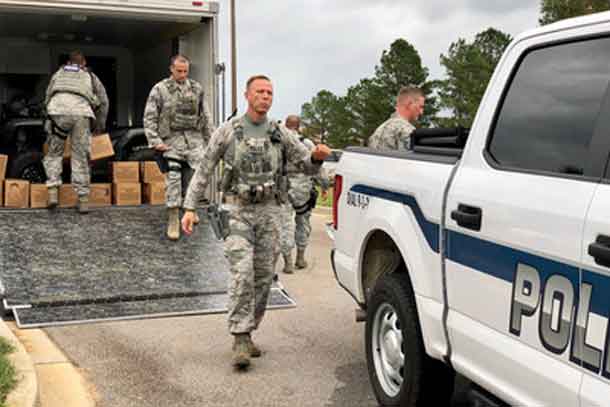U.S. Airmen assigned to the 169th Security Forces Squadron, South Carolina Air National Guard, depart for Florence, South Carolina from McEntire Joint National Guard Base, to assist the Florence County Sheriff’s Department and SLED with swift water and search and rescue efforts, September 14, 2018. More than 3,200 South Carolina National Guard Airmen and Soldiers have been mobilized to prepare, respond and participate in recovery efforts as forecasters project Hurricane Florence will have damaging impacts in the Carolinas and along the mid-atlantic region. (U.S. Air National Guard photo by Master Sgt. Caycee Watson) (U.S. Air National Guard photo by Master Sgt. Caycee Watson)