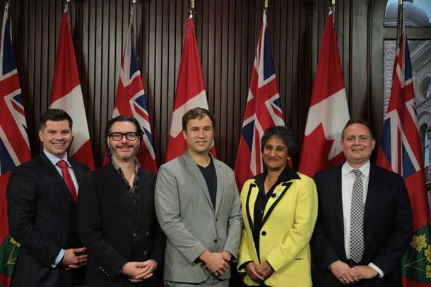 Left to right: Mike Garnett (Bay Street Labs), Paul Vallée (Pythian), Floyd Marinescu (InfoQ & QCon), Audrey Mascarenhas (Questor) and Chris Ford (Capco) of "CEOs for Basic Income" at Queen's Park today. (Photo credit: Moses Leal at FEATHERSTONE photo & imaging