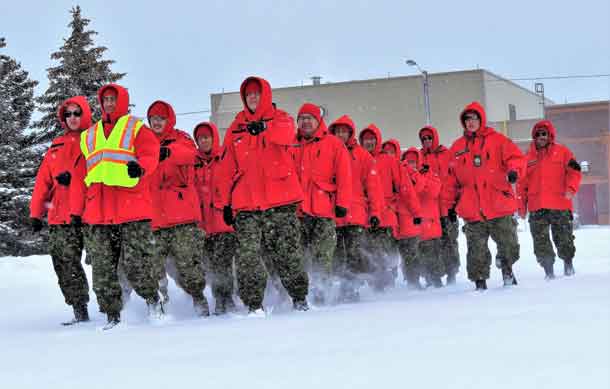 Canadian Rangers march during training at the 4th Canadian Division Training Centre at Meaford, near Owen Sound.