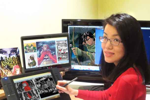 Manga-style artist Queenie Chan digitally drawing a picture of Red Riding Hood at her desk in Sydney, Australia. Courtesy of Queenie Chan