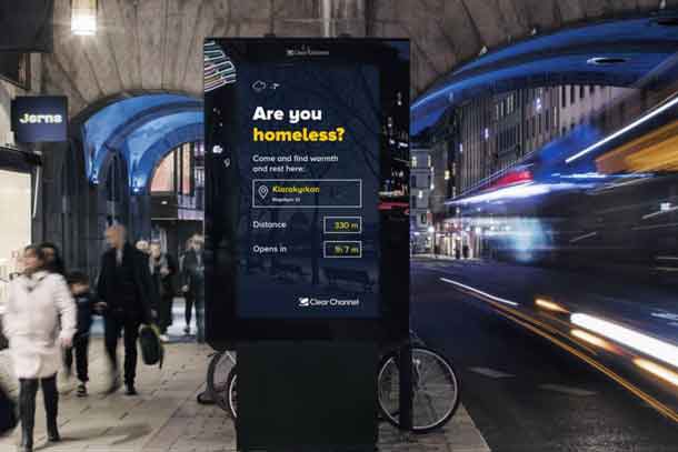 The Out of Home Project sees 53 Clear Channel billboards in Stockholm replace commercial ad content with information on the nearest homeless shelters when the temperature drops to freezing conditions. Photo courtesy of Clear Channel Sweden