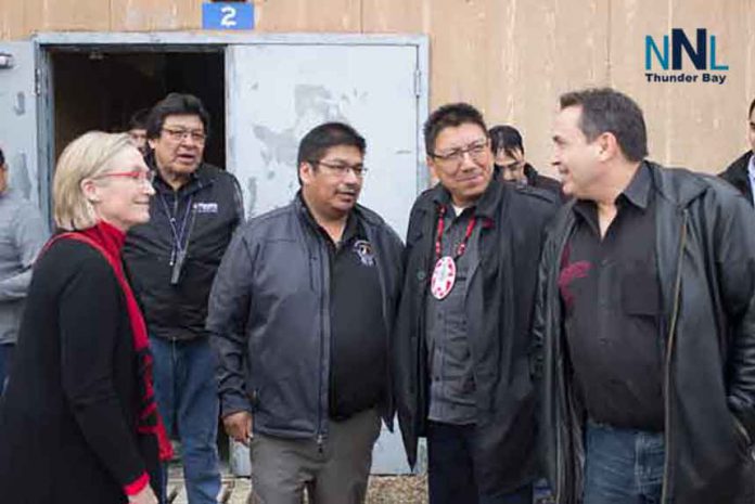 INAC Minister Bennett, Chief Moonias, NAN Grand Chief Fiddler, AFN National Chief Bellegarde at Neskantaga FN Water Plant