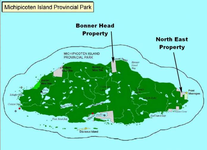 Map of Michipicoten Island showing land parcels acquired by Thunder Bay Field Naturalists