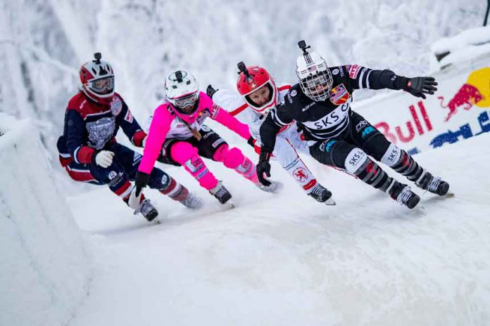 Anais Morand of Switzerland, Jacqueline Legere of Canada, Amanda Trunzo of the United States and Myriam Trepanier of Canada compete during the finals of women at the fifth stage of the ATSX Ice Cross Downhill World Championship at the Red Bull Crashed Ice in Jyvaskyla, Finland on February 2, 2019. Samo Vidic/Red Bull Content Pool